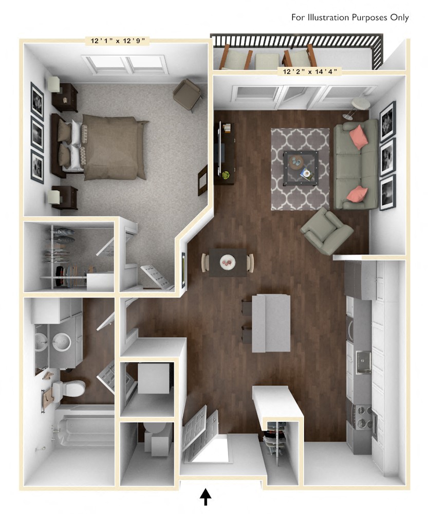 Floor plan for studio, 1 bath, 677 sqft